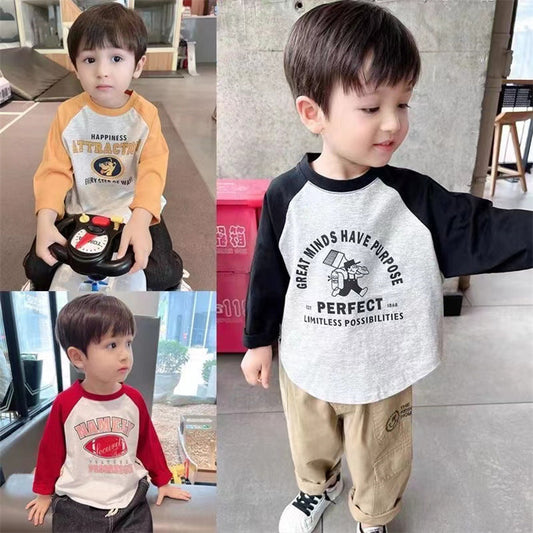 Z25030924純棉柔軟長袖秋季男女兒童可愛T恤中小寶圓領套頭卡通印花打底衫