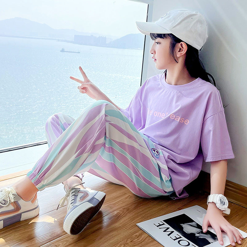 FC24040702全新套裝夏裝女童休閒運動服女大童兒童夏季短袖時尚洋氣童裝(9-12天到貨)