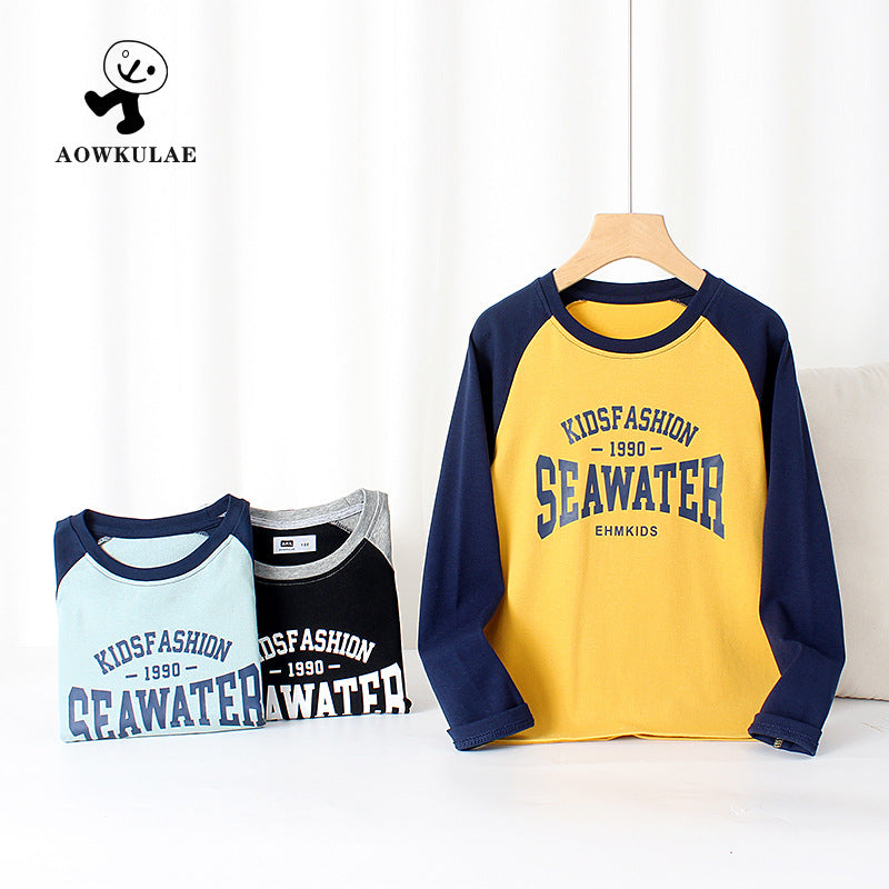 FI25101411春秋韓版新款兒童長袖T恤中大童百搭插肩棉羊絨上衣男童打底衫