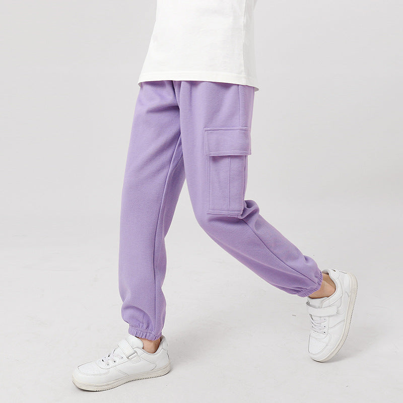 FI25101415秋季童褲韓版新款男童休閒褲中大純童運動色工裝褲女童褲子批發