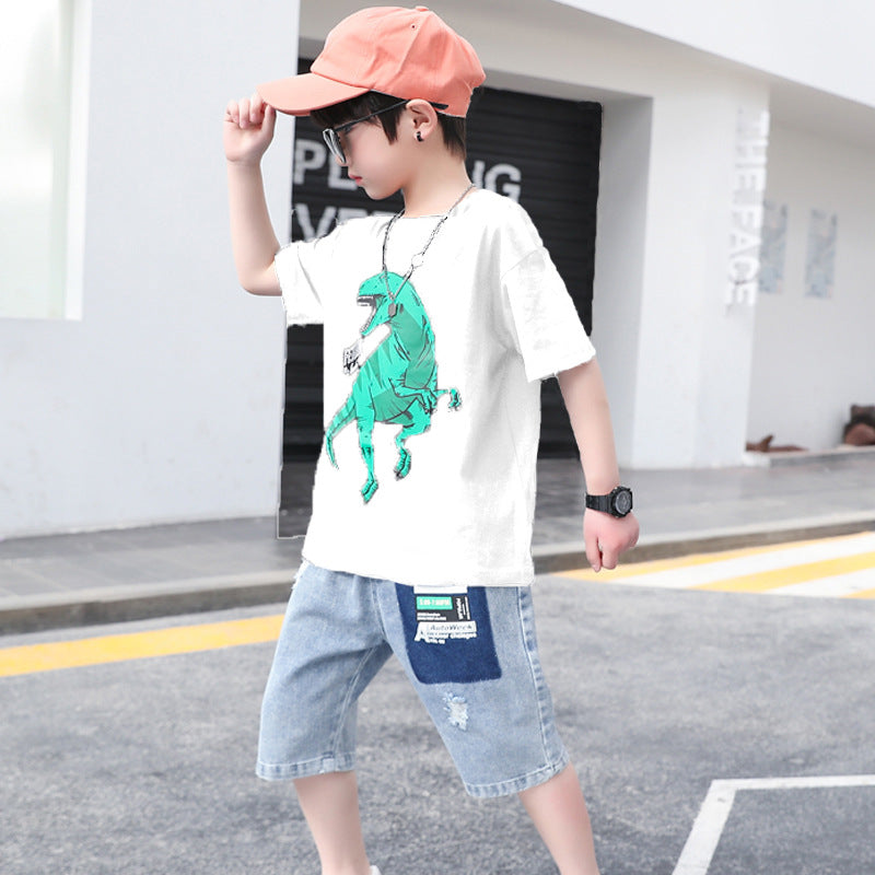 F23050219男童套裝2023夏裝新款寬鬆九分薄款防蚊褲兩件套-中大童