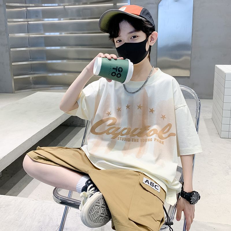 F24050706男童夏裝短袖男童2024新款體卹中大兒童夏季潮牌男孩半袖套裝
