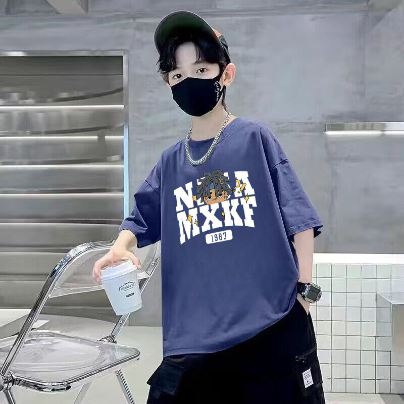 Z25030421男童短袖T恤純棉夏季新款卡通印花圓領中大童寬鬆休閒帥氣T恤潮