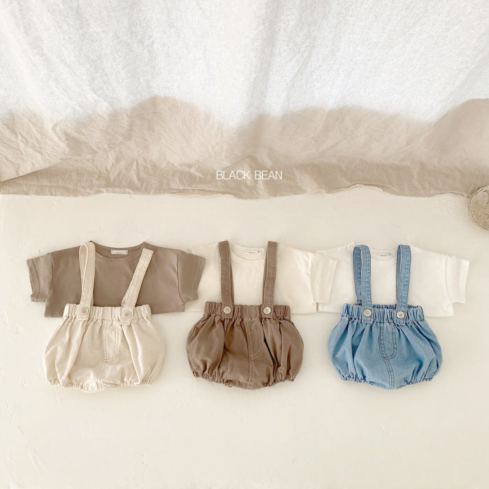 GF25061705韓版嬰幼兒可愛洋氣套裝ins夏季純棉包屁背帶短褲短袖T恤兩件套潮