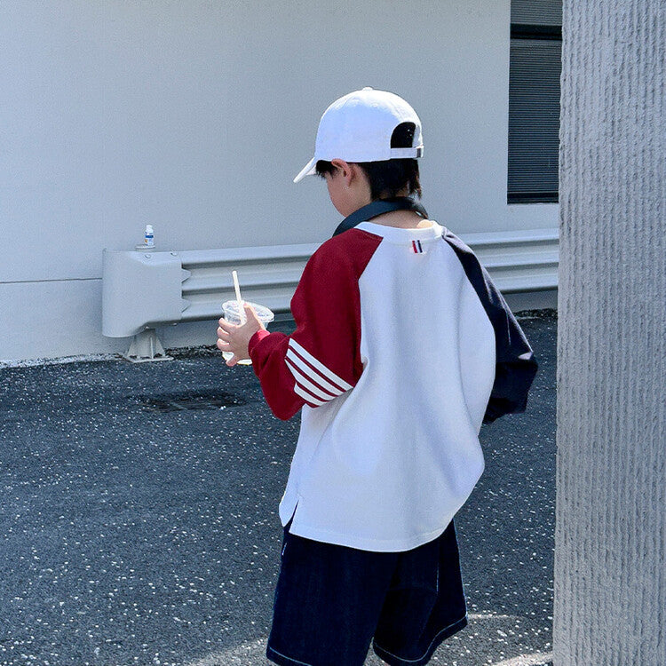 FF24102503秋季童裝撞色長袖兒童上衣2024新款純棉中大童男童長袖t恤(9-12天到貨)