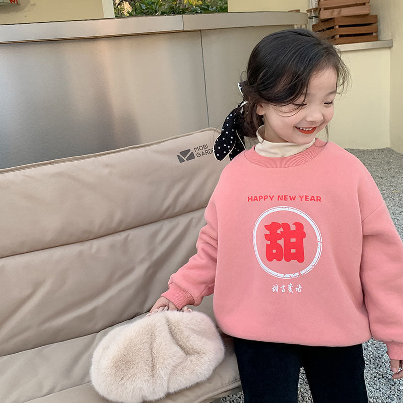 CA24011803新款女童過年平安喜樂衛衣加絨加厚圓領拜年服紅色寶寶兒童上衣潮