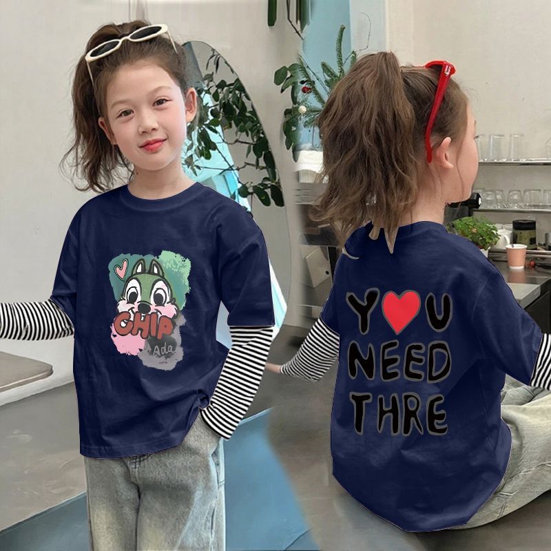 CE25091902女童純棉長袖T恤兒童假兩件條紋上衣春秋裝新款小孩洋氣打底衫