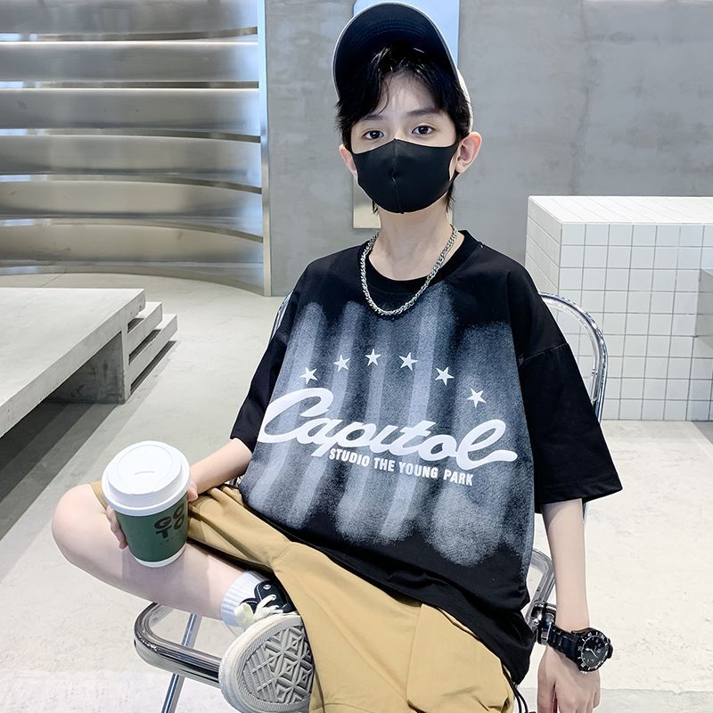 F24050706男童夏裝短袖男童2024新款體卹中大兒童夏季潮牌男孩半袖套裝