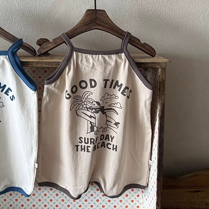 GB23080310韓版ins新款夏季兒童吊帶連體哈衣卡通英文包屁短爬清爽寬鬆童裝