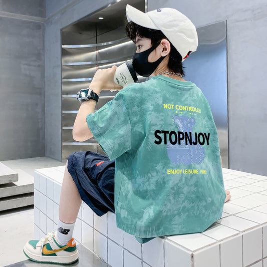 Z25030407棉質童裝男女短袖t恤夏季新款紮染印花潮兒童寶寶半袖上衣中小童