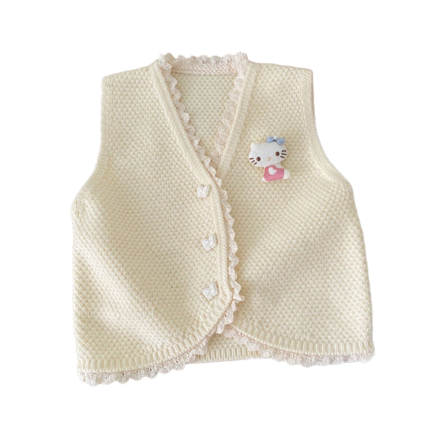 G25092506秋冬新款坎肩V領疊穿開襟背心純色蕾絲邊馬甲女針織衫百搭毛