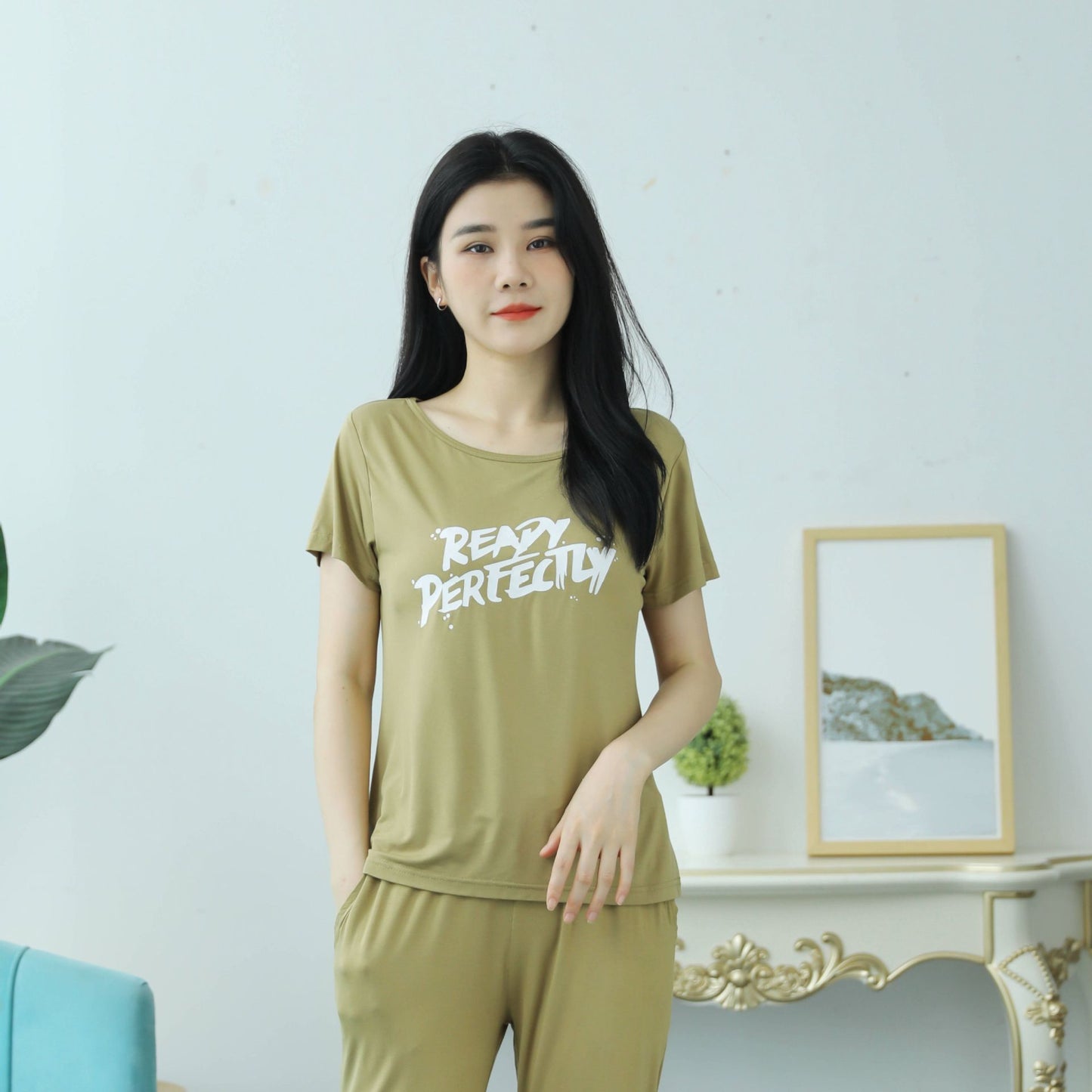 Z24070209莫代爾印花短袖女用胸墊無鋼圈大眾版短袖bra-t罩杯連身式半袖