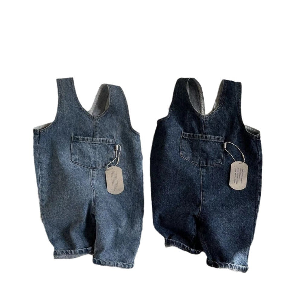 GB25032409ins韓版牛仔藍純色口袋連身背帶長褲男女寶寶春秋夏款休閒背帶褲