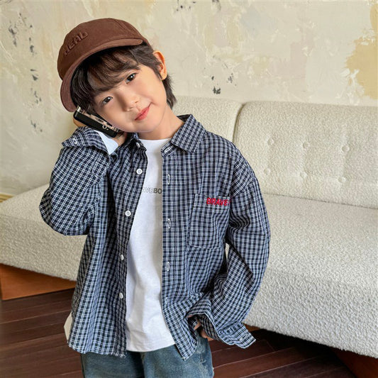 GJ25082711男童長袖襯衫秋季裝2025新款兒童純棉格紋襯衫女童上衣童裝