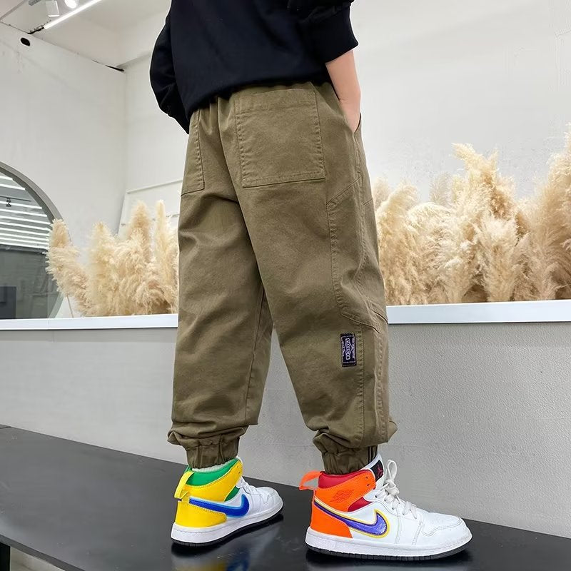 FD24010402男童褲子春秋款兒童工裝褲中大童裝潮帥氣時髦休閒褲男孩寬鬆長褲