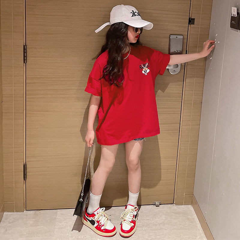 Z25030428女童短袖純棉洋氣兒童t恤女童夏季寬鬆前後印花半袖上衣童裝潮