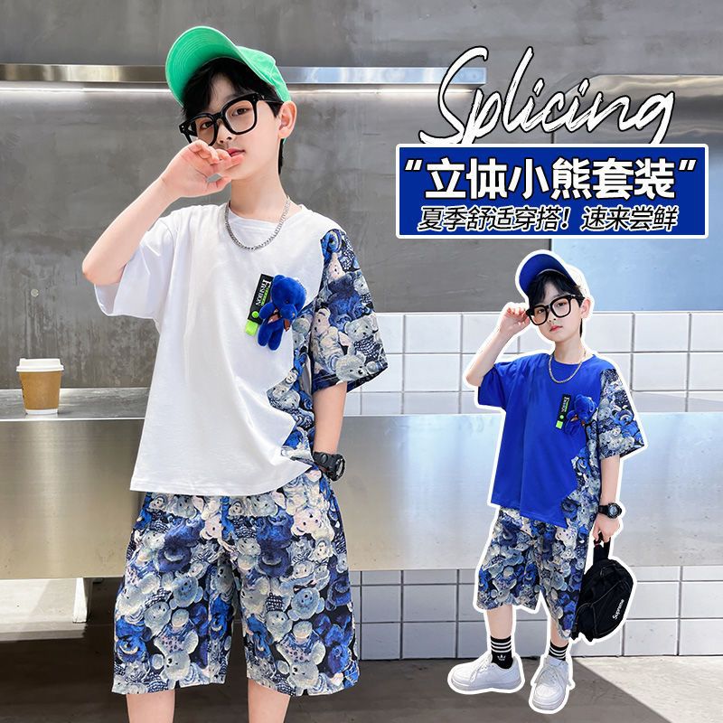 F23050208男童夏季2023新款網紅-拼接小熊掛件時尚兩件套-中大童