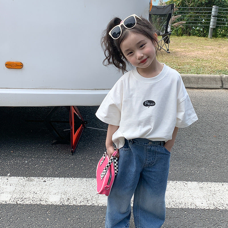 Z25030430女童短袖純棉洋氣兒童t恤女童夏季寬鬆前後印花半袖上衣童裝潮