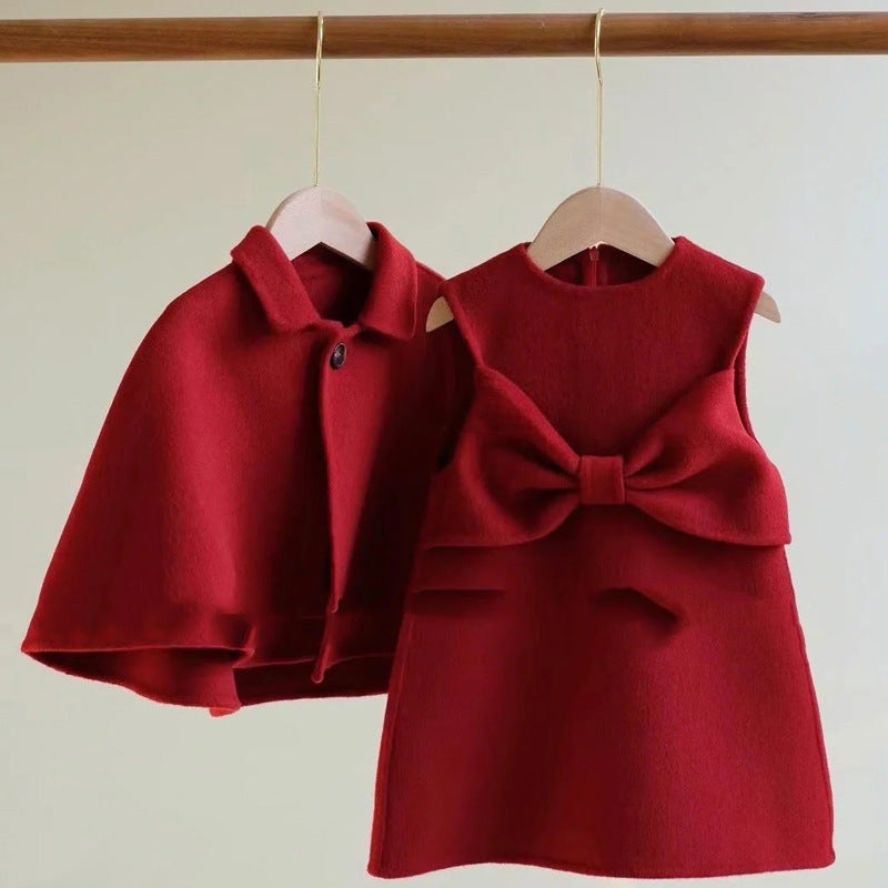 Z24110116童裝女童拜年服紅色毛呢套裝兒童童裝洋氣新年可愛