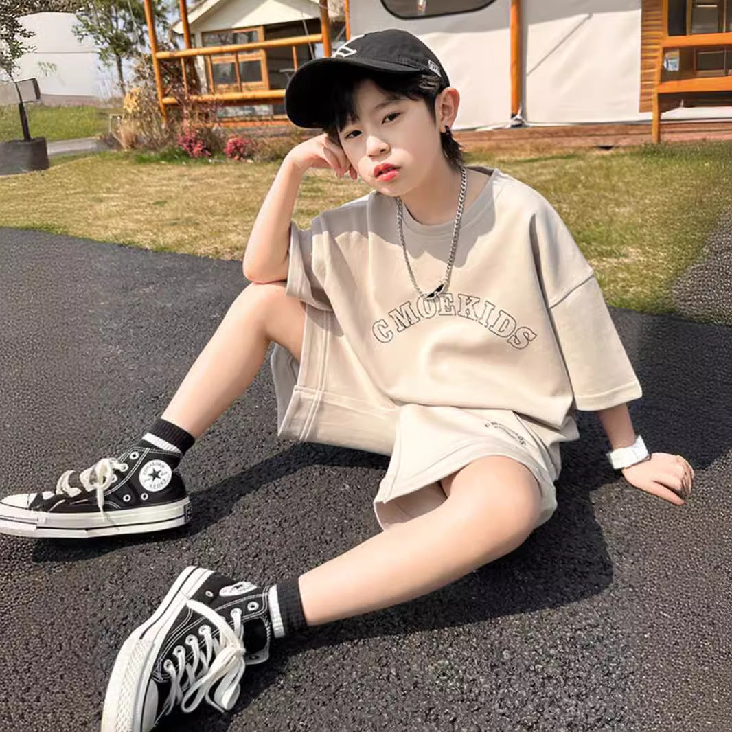 Z2503320男童夏裝運動套裝兒童短袖衣服中大童短褲寬鬆休閒兩件套