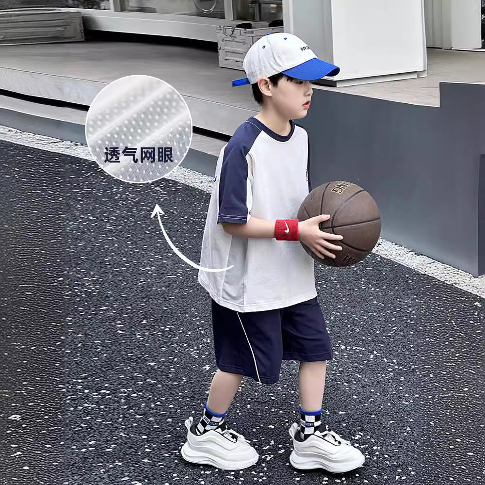 FB24070105男童夏裝套裝2024夏季時尚薄款童裝兒童短袖運動兩件套大男孩球服