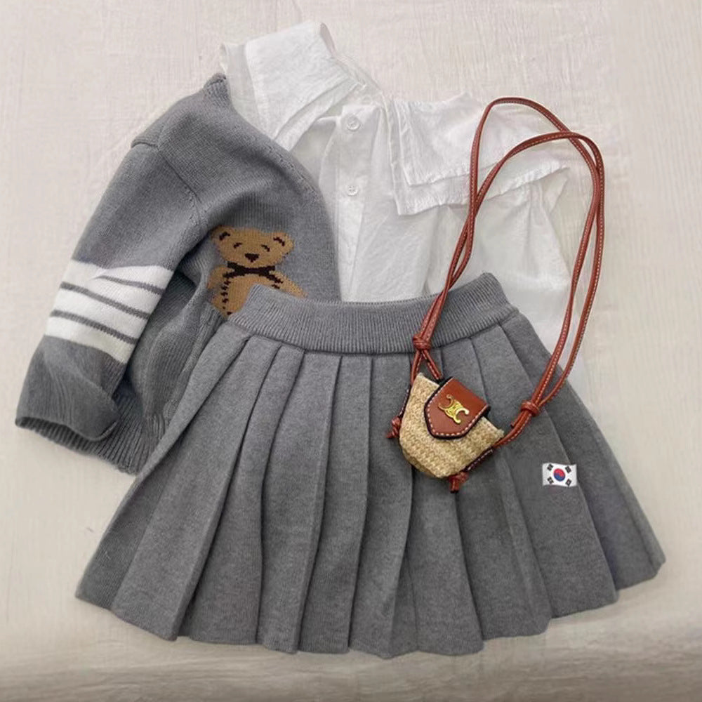 CF25091915童裝秋季套裝新款女童兒童學院風毛衣開襟衫洋氣裙針織歲寶寶