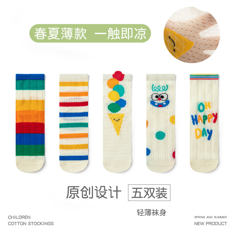 GI25073108春季夏季兒童襪子薄款玻璃絲彩虹條紋女童襪子網眼寶寶襪子批發
