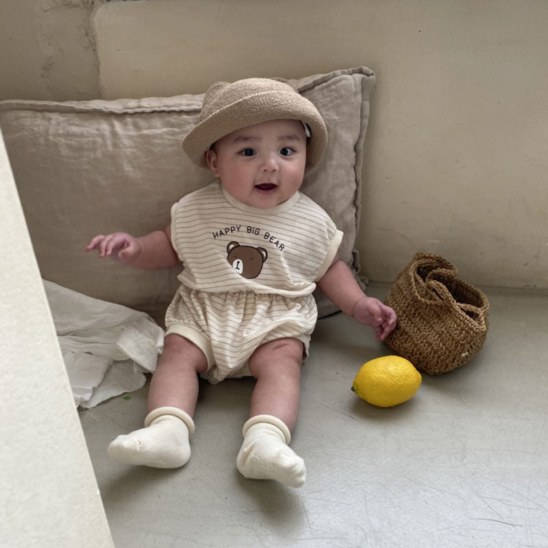 GB23080303韓版ins嬰幼兒條紋小熊短袖連體衣寶寶可愛舒服鬆緊腰爬服夏