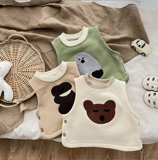 G231116015嬰兒衣冬裝韓版兒童可愛卡通加絨背心男女寶寶冬季保暖百搭馬甲