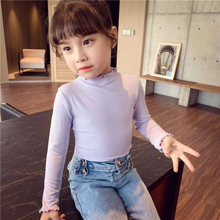 CA23101807女童打底衫新款兒童內搭洋氣蕾絲純色長袖T恤春秋小女孩上衣