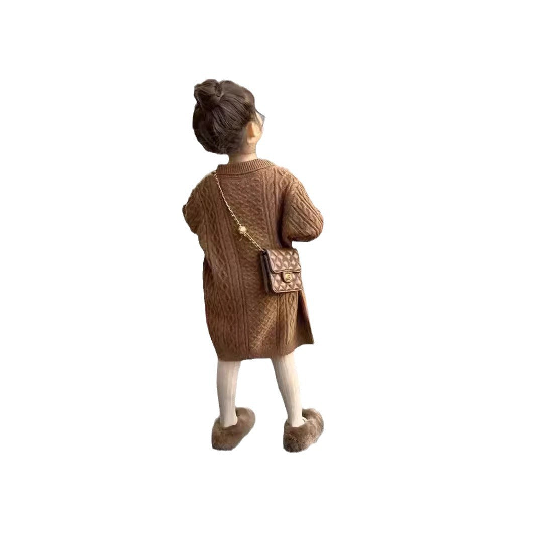 CF25091919韓系童裝秋冬新款兒童中長款寬鬆毛衣裙女童麻花針織