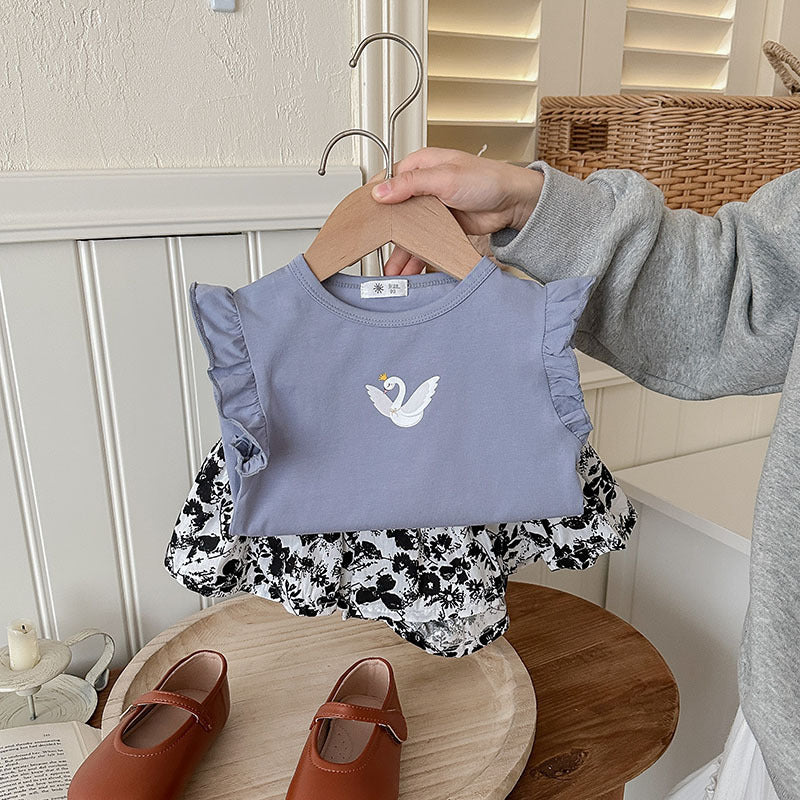J24022901歐美風女童短袖套裝夏季新品童裝批發女幼童蝴蝶印花T恤兩件套