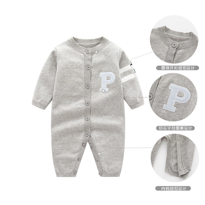 GC23101204嬰兒毛線衣哈衣秋冬保暖連身衣棉線新生兒衣服帥氣嬰兒針織連身衣