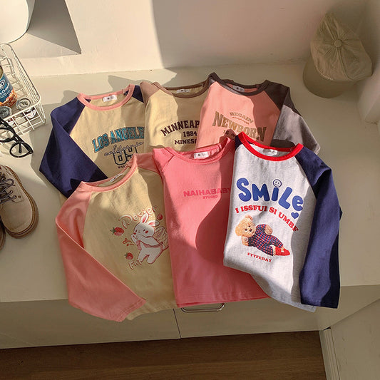 J24022921童裝2024春款男女童T長恤袖打底衫撞色卡通上衣外貿專供