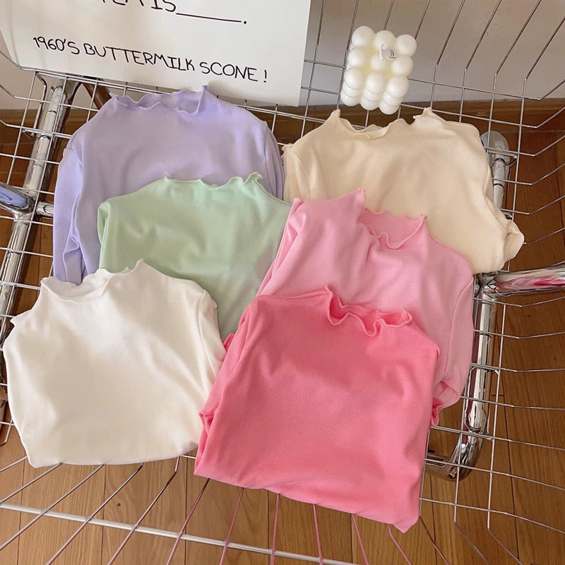 CA23101806兒童半高領打底衫2023春秋款百搭木耳邊上衣女童純色內搭T恤