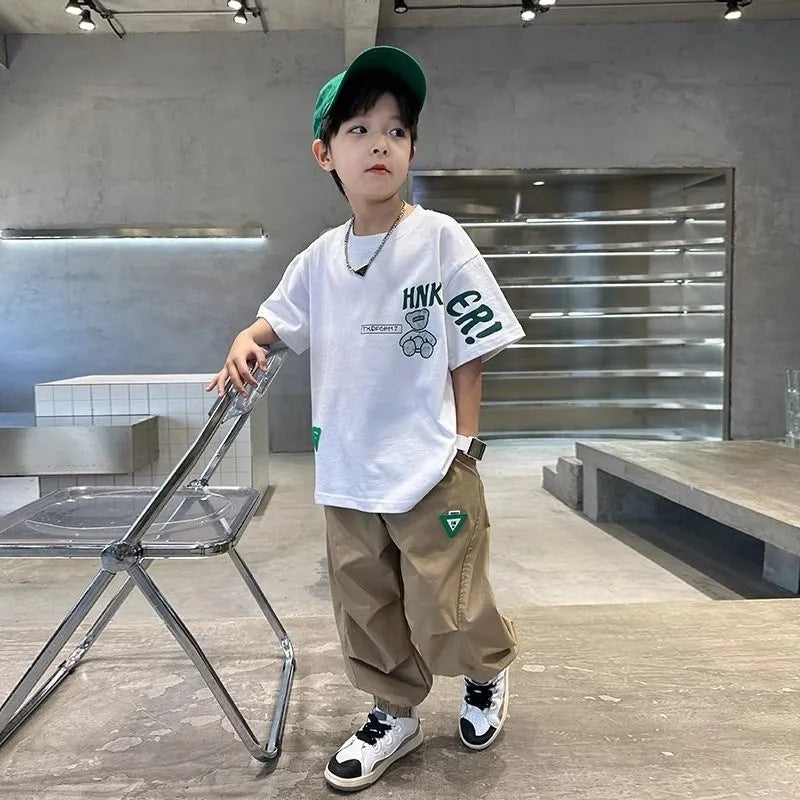 🎈精品童裝🎈FH25062716男童夏裝長褲套裝新款大兒童夏季短袖衣服潮帥氣時髦男孩夏款