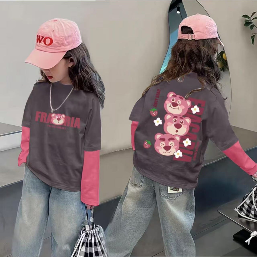 CE25091904純棉女孩拼色可愛長袖T恤秋季網紅潮流卡通動漫燈光打底上衣