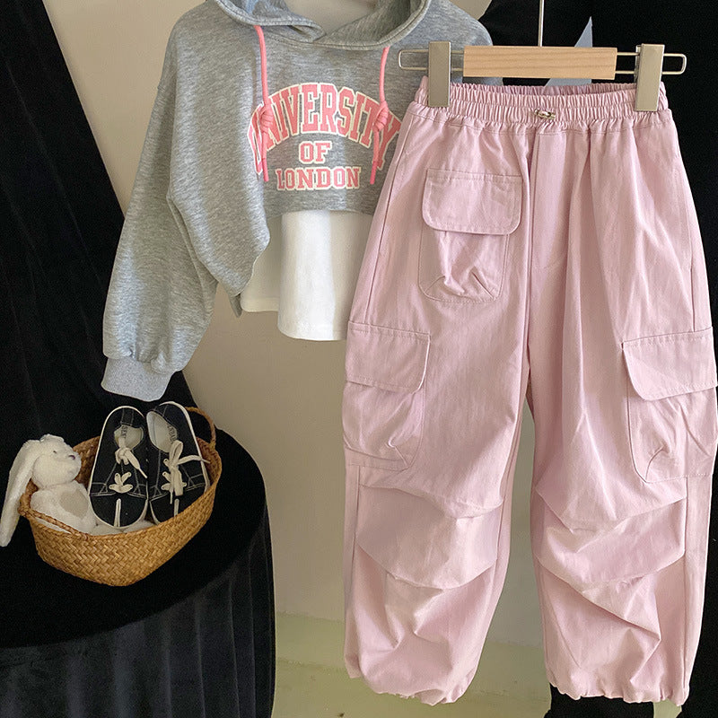 Z26010241潮範字母短款衛衣打底背心帽衫兩件組春季時尚洋氣時尚工裝褲