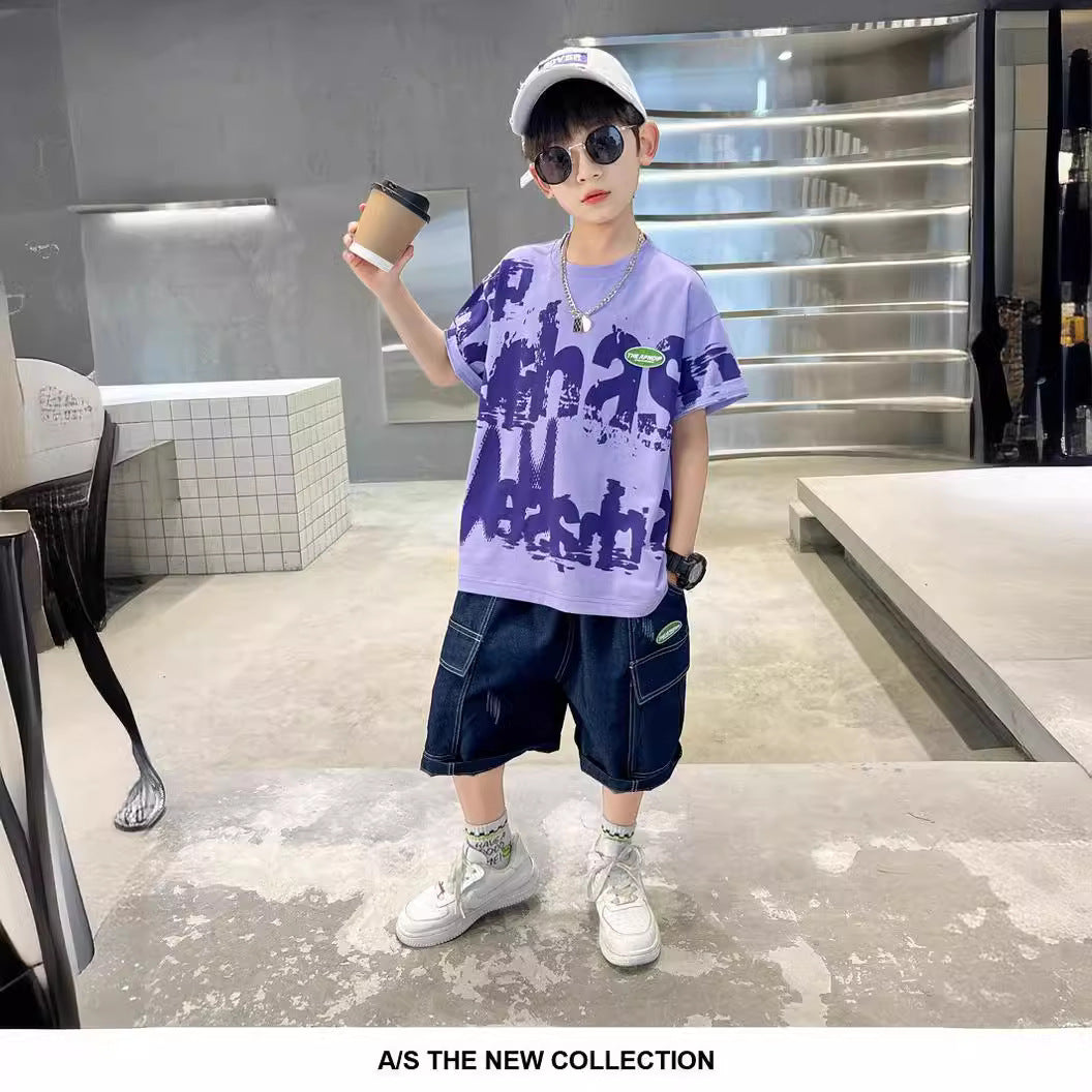 F24050704男童夏裝薄短袖牛仔套裝2024新款兒童夏季帥氣網紅炸街中大童潮