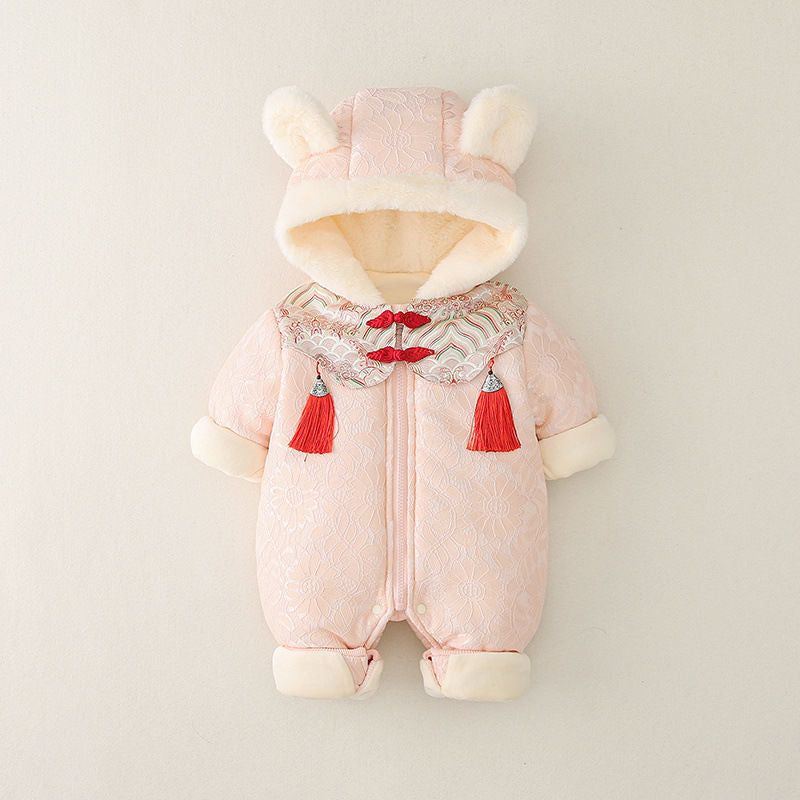 Z23121405嬰幼兒衣服過年服拉鍊衫加絨加厚哈衣爬服新生兒女寶寶中國風連體(9-12天到貨)