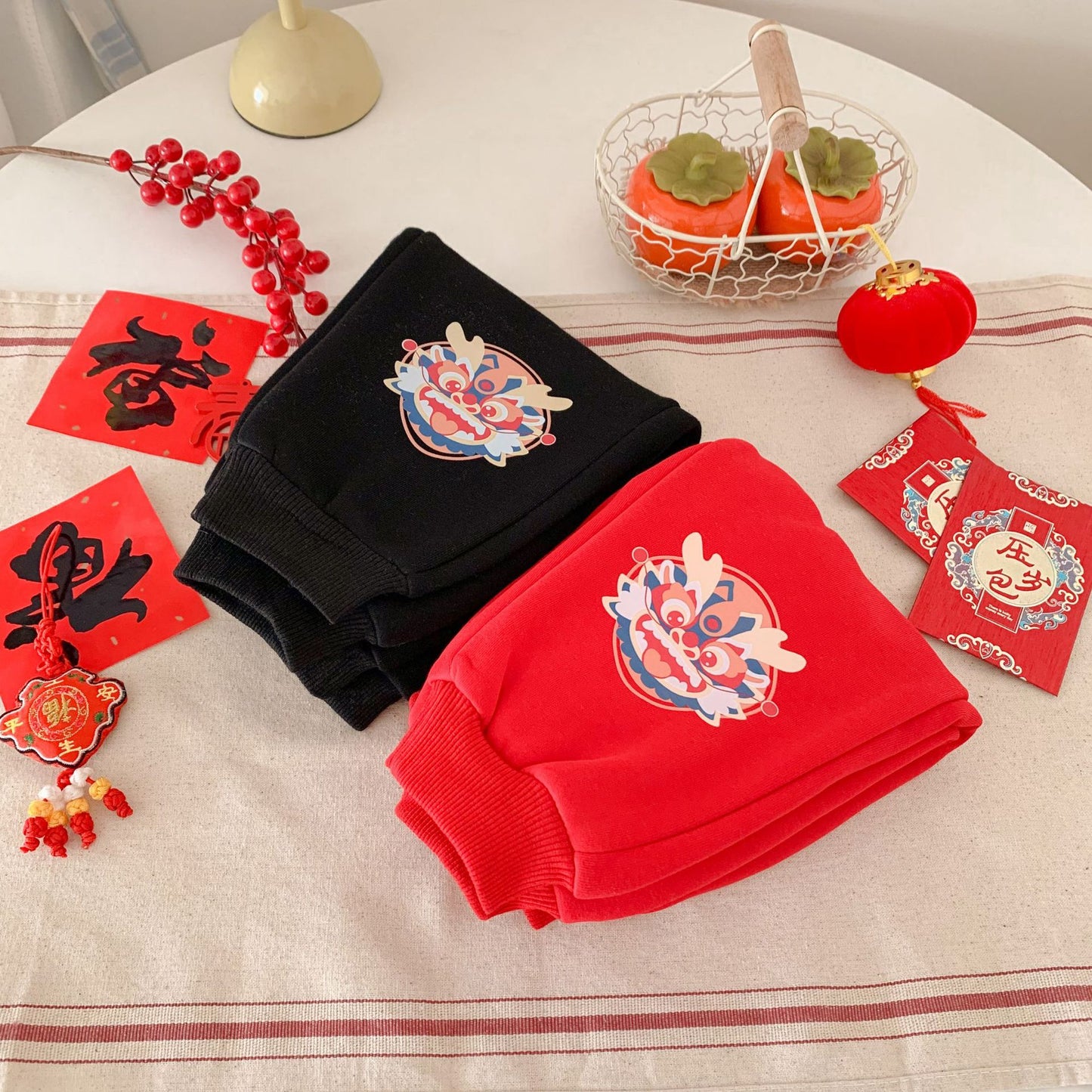 CA24011807秋冬季龍年拜年兒童加絨褲卡通休閒男女褲子外穿保暖寶寶睡褲裝