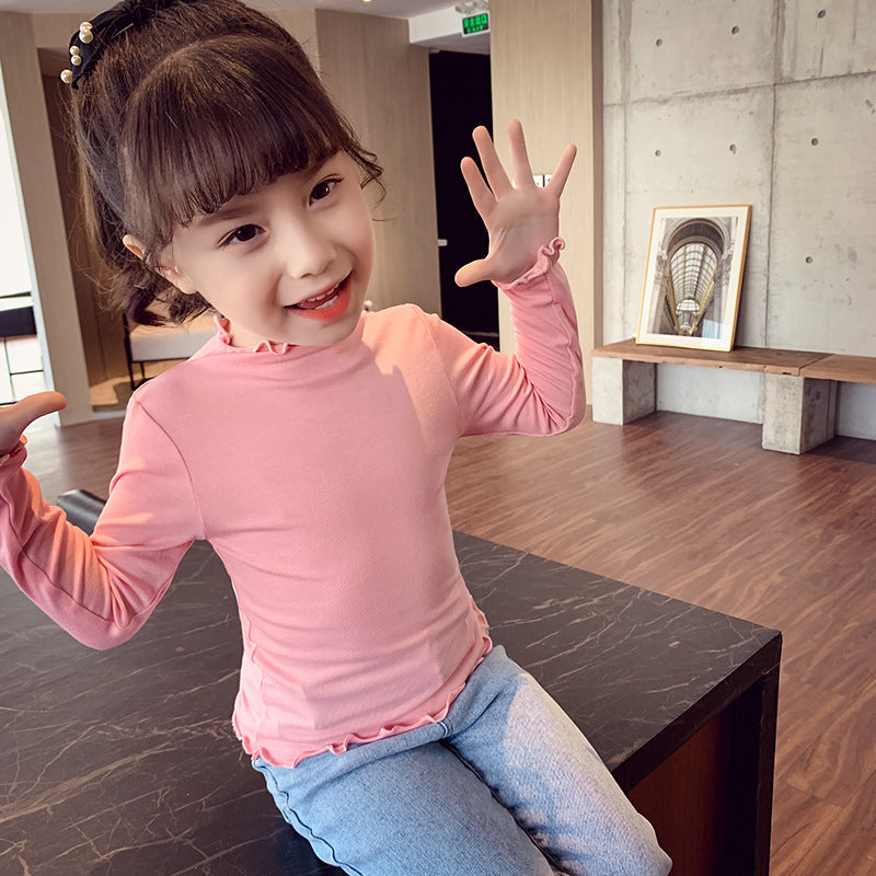 CA23101807女童打底衫新款兒童內搭洋氣蕾絲純色長袖T恤春秋小女孩上衣