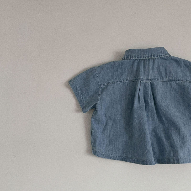 GB25032420韓版ins嬰幼兒男女寶寶短袖牛仔襯衫短褲套裝夏季時尚洋氣兩件套