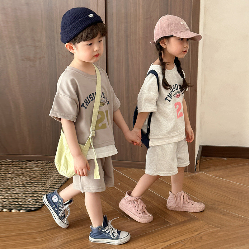 Z25020912兒童夏季運動套裝假兩件女童寬鬆