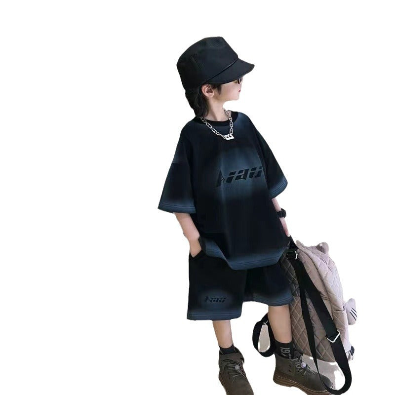 🎈精品童裝🎈FH25062710男童酷帥套裝夏款新款t中大兒童夏裝漸變色T卹個性休閒兩件套