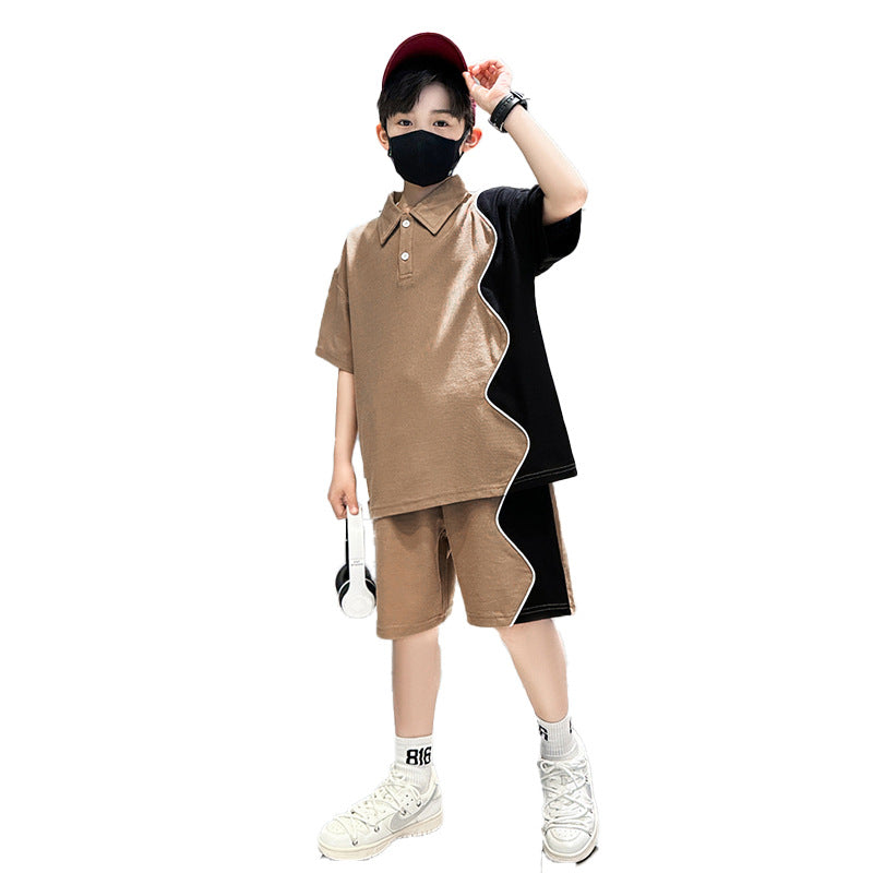 🎈精品童裝🎈FH25062701男童套裝夏季中大童夏裝男孩個性拼接短袖休閒運動兩件套