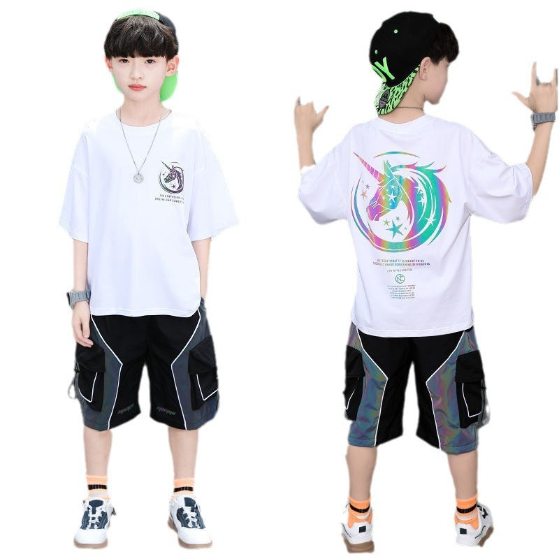 F24050702大童裝男童2024新款童裝反光帥氣酷5-12歲男孩夏季潮流兩件套裝