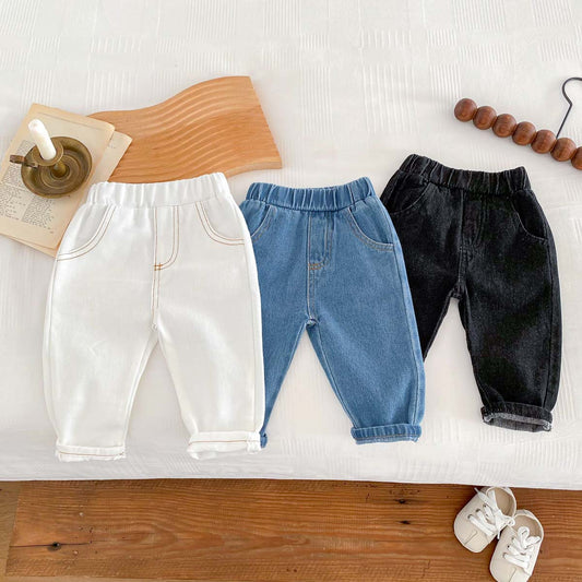 G25051412 ins兒童春秋新牛仔褲男童女寶0-6歲洋氣純色褲子簡約休閒褲柔軟