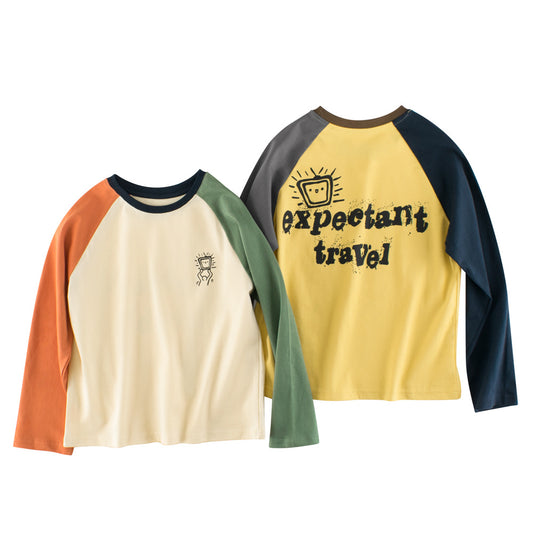 Z25030401春裝新款兒童韓版長袖T恤批發 中大童拼袖卡通打底衫跨國童裝