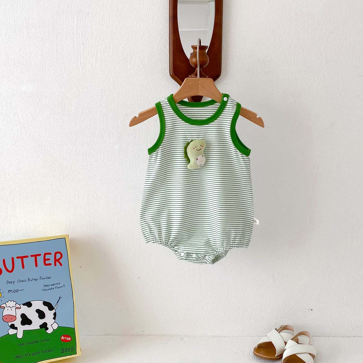 G25051414夏裝新款嬰兒條紋立體卡通背心哈衣男女寶寶薄款休閒裝爬爬服